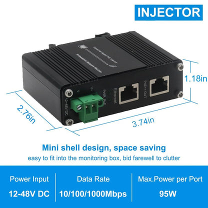 xoxnikior Industrial Gigabit 95W PoE++ Injector, 12-48VDC, DIN-Rail