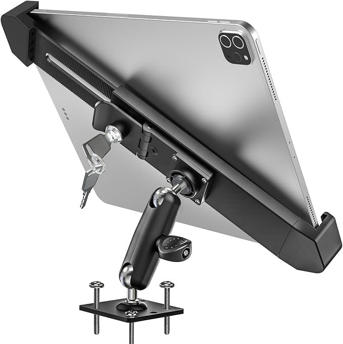 woleyi Anti Theft Heavy Duty Drill Base Tablet Holder Car Mount Dashboard for Truck/Vehicle with Security Lock and Key, Compatible with iPad Pro/Air/Mini, Galaxy Tabs, More 7-11" Tablets