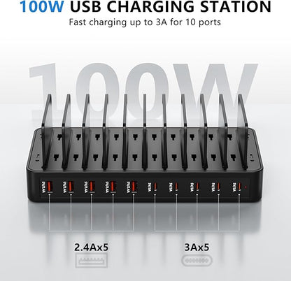 USB C Charging Station for Multiple Devices, 10-Port 100W Charging Dock, with Adjustable Dividers, USB-C Power Hub, Compatible with iPhone/Samsung/Google/Tablets/USB Devices (with 10 Cables)