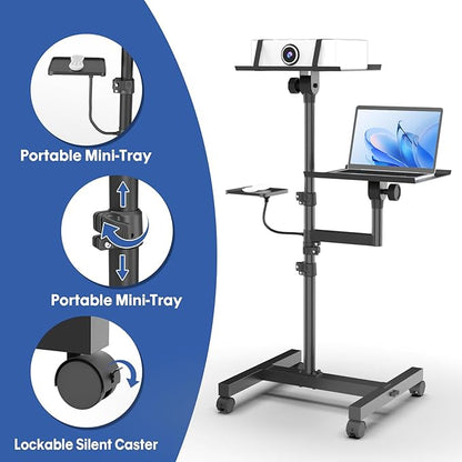 2 Shelves Mobile Projector Stand, Rolling Laptop Stand Adjustable Height to 47 Inches, Podium Stands with Ventilated Tray, Heavy Duty, Laptop Floor Stand for Office, Home, Stage, DJ
