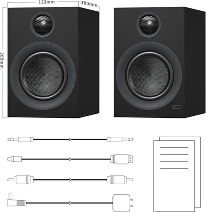 Bluetooth Bookshelf Speakers, 75W Powered Active Speaker with 4 Inch Woofer, HiFi Speaker with aptX Bluetooth USB for Home, Studio, Gaming, Set of 2, Black