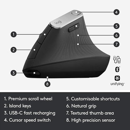 Logitech MX Vertical Wireless Mouse – Ergonomic Design Reduces Muscle Strain, Move Content Between 3 Windows and Apple Computers, Rechargeable, Graphite
