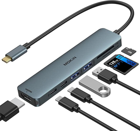 USB C Hub HDMI Adapter for MacBook Pro/Air, MOKiN 7 in 1 USB C Dongle with HDMI, SD/TF Card Reader, USB C Data Port,100W PD, and 2 USB 3.0 Compatible for MacBook Pro/Air, Dell XPS, Lenovo Thinkpad.