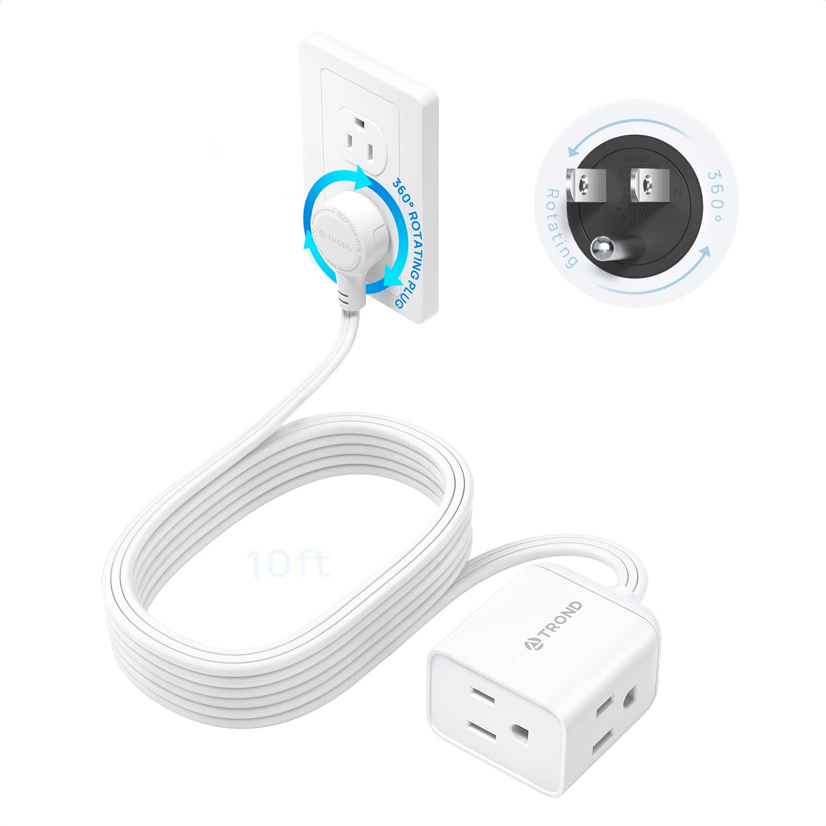 TROND Rotating Flat Plug Extension Cord Surge Protector 1.5ft, 3 AC, White