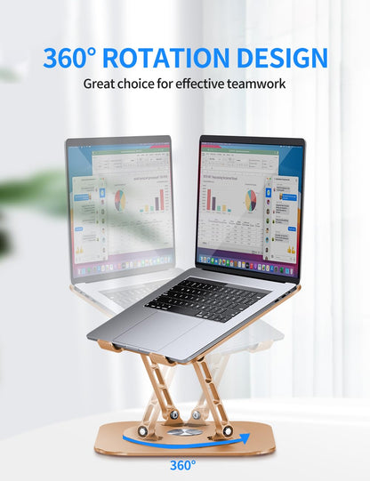 AOEVI Adjustable Laptop Stand with 360 Rotating Base, Computer Stand for Laptop Ergonimic Foldable Laptop Riser for Desk Compatible with MacBook Pro/Air Notebook up to 16 Inches, Gold