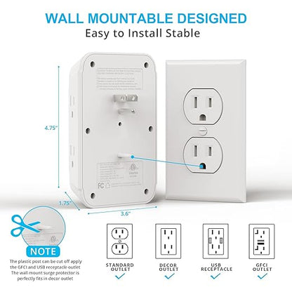 [2-Pack] USB Wall Charger,Surge Protector,6 Outlet Extender with 3 USB Charging Ports(1 USB C Outlet,3.4A) 900J Power Strip Multi Plug Outlets,Wall Mount Power Strip for Home Travel Office ETL Listed