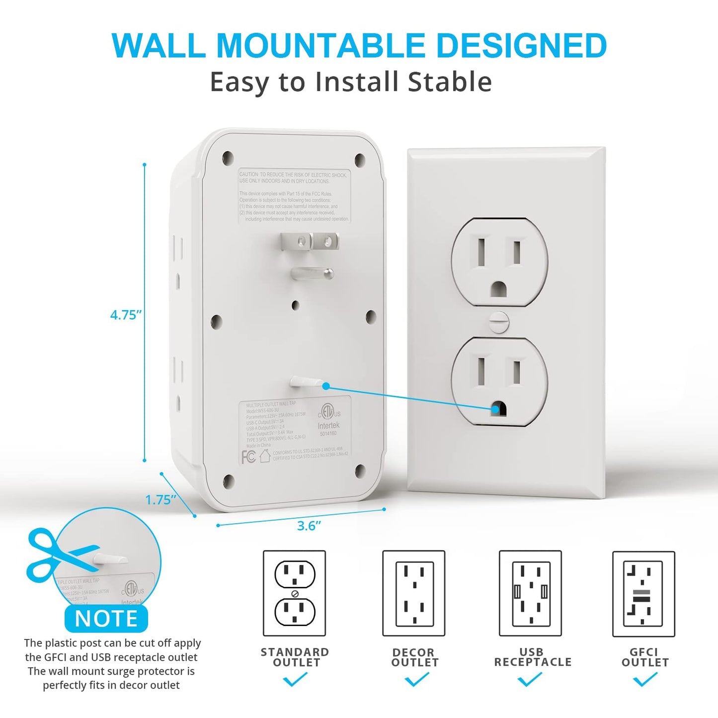 [2-Pack] USB Wall Charger,Surge Protector,6 Outlet Extender with 3 USB Charging Ports(1 USB C Outlet,3.4A) 900J Power Strip Multi Plug Outlets,Wall Mount Power Strip for Home Travel Office ETL Listed