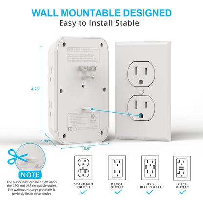 [2-Pack] USB Wall Charger,Surge Protector,6 Outlet Extender with 3 USB Charging Ports(1 USB C Outlet,3.4A) 900J Power Strip Multi Plug Outlets,Wall Mount Power Strip for Home Travel Office ETL Listed