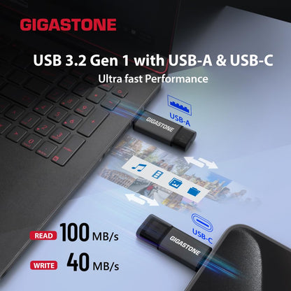 GIGASTONE 128GB Dual USB Flash Drive 2-Pack, USB 3.2 Gen 1, 2-in-1 USB C+A, Speed Up to 100MB/s, Head Cap Design Thumb Drive, Plug & Play for Smartphone/PC/Mac/TV/Car Audio, USB 2.0/3.0/3.1 Compatible