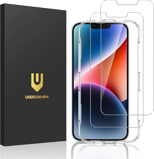 UNBREAKcable 2-Pack Screen Protector for iPhone 16e/14/13/13 Pro, Military-Grade Shatterproof Tempered Glass [9H+ Hardness] [Easy Installation] [99.99% HD Clear] for Apple iPhone 13 Pro/13/14/16e