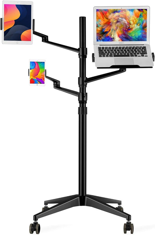 MagicHold Triple arm Height Adjustable Stand Mount with Rolling Wheel for Laptop(11-17 inch) and Compatible with ipad iPad pro 12.9 inch/Tablet/Ereader (Black)