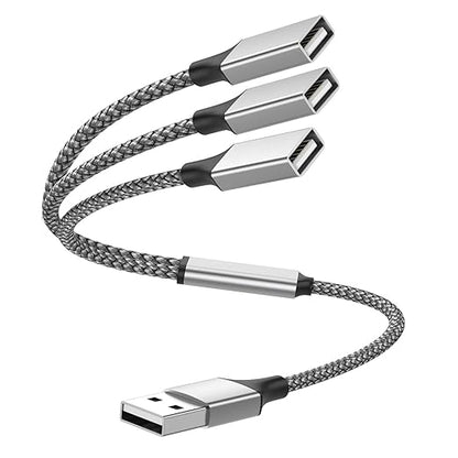 USB Y Splitter 3 in 1, USB A Male to 3 Female Cable for PC/Laptop/MacBook/Keyboard/PS4/PS5/Flash Drive/LED Etc.(Silver)