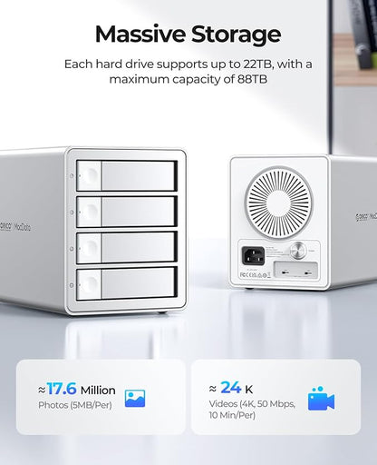 ORICO Daisy Chain 4 Bay Hard Drive Enclosure USB 3.2 Gen 2 Aluminum Das Enclosure USB C Expansion Max Up to 264TB for 3.5-inchs HDD -9948C3