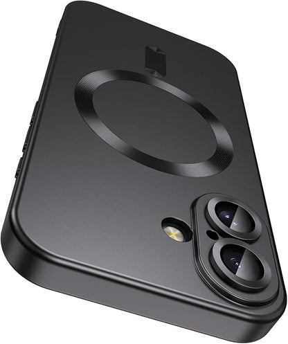 Magnetic for iPhone 16 Plus Case [Compatible with MagSafe][Built-in Camera Lens Protector] Slim Soft Silicone Bumper Shockproof Metallic Luster Phone Case (Black)
