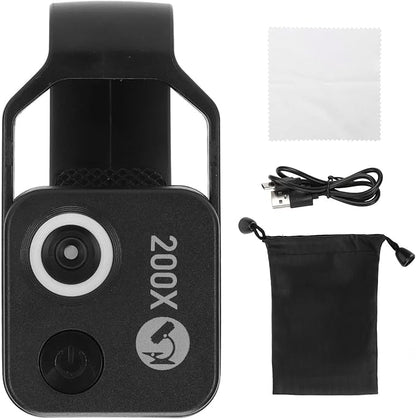 200X Phone Mini Pocket Microscope, Zoom Mobile Phone External Lens, Portable Digital Microscope Camera Attachments, with CPL Lens LED Light, Universal Clip Design (Black)