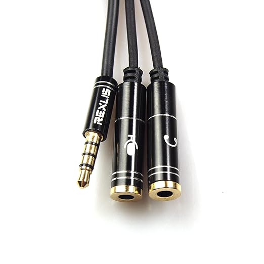 REXUS Black 3.5mm Y Splitter Stereo Audio Cable 4-Pole Male to 2 Female for Headphone, Headset Splitter Adapter Extension Aux Cable, Compatible MobilePhone and New Version Laptop(M22F35H)
