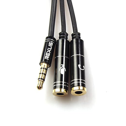 REXUS Black 3.5mm Y Splitter Stereo Audio Cable 4-Pole Male to 2 Female for Headphone, Headset Splitter Adapter Extension Aux Cable, Compatible MobilePhone and New Version Laptop(M22F35H)