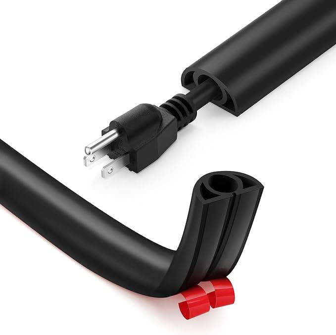 12ft Cord Cover Floor for Extension Cords, Self-Adhesive Floor Cable Cover to Protect Cables & Prevent Tripping, PVC Cord Hider Protector, Internal Wire Management Channel Diameter: 0.39", Black