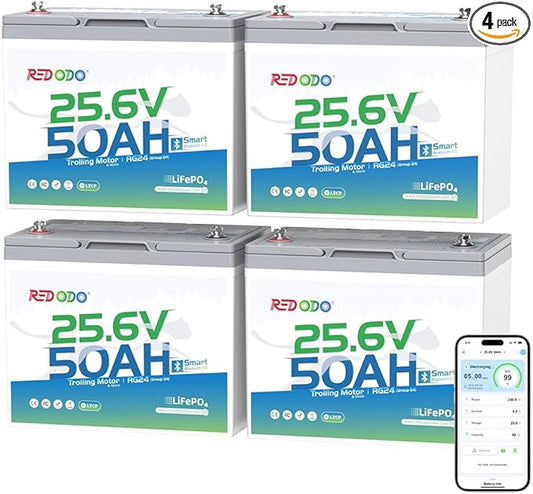 Redodo Bluetooth 24V 50Ah TM Low-Temp LiFePO4 Battery, Smart Lithium Battery Built in 50Ah BMS, 10 Years Lifespan, Perfect for Trolling Motor, Marine, RV, Fishing Finder, Solar and Off Grid-4 Pack