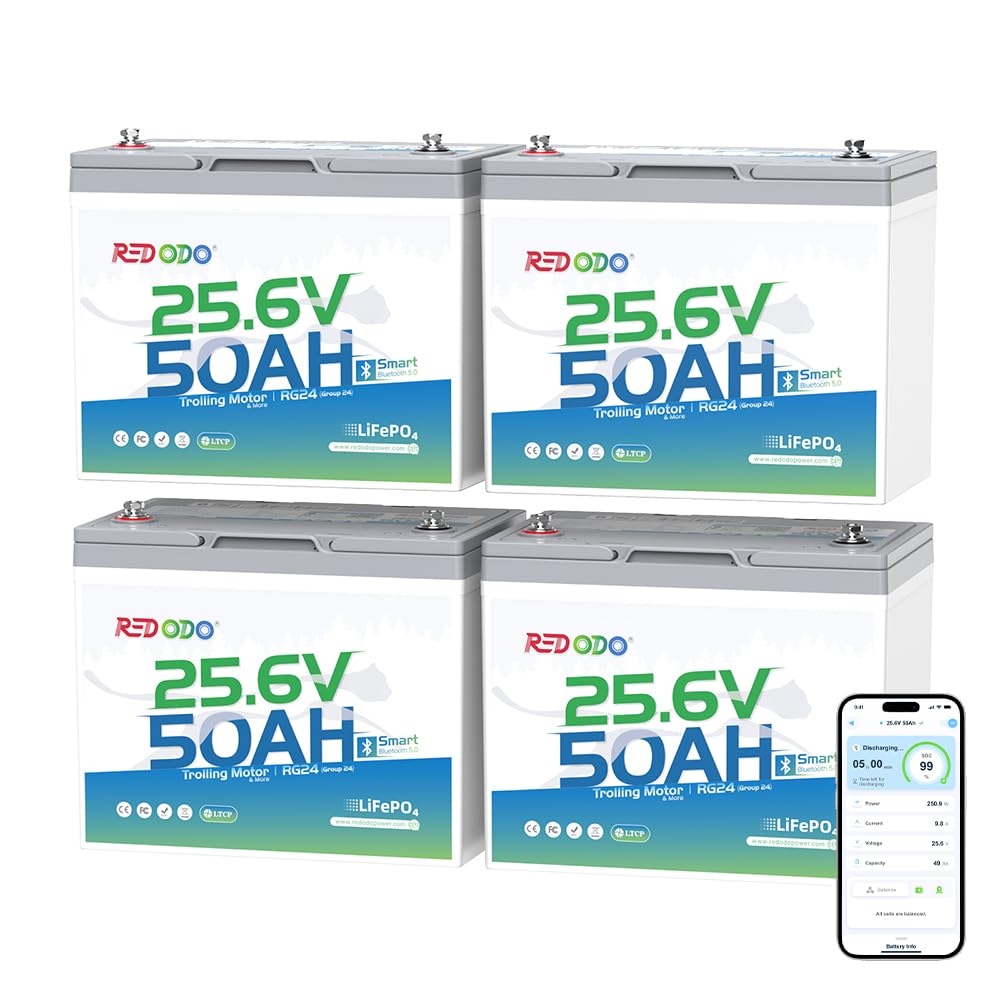 Redodo Bluetooth 24V 50Ah TM Low-Temp LiFePO4 Battery, Smart Lithium Battery Built in 50Ah BMS, 10 Years Lifespan, Perfect for Trolling Motor, Marine, RV, Fishing Finder, Solar and Off Grid-4 Pack