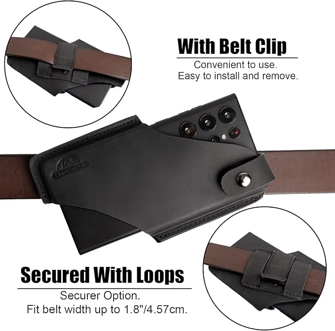 Topstache Leather Belt Phone Pouch for Galaxy S25/S24 Ultra & Plus - Belt Clip & Loop Cell Phone Holster for iPhone 17/16 Pro Max & Plus - Magnetic Closure Leather Case Holder, L,Black