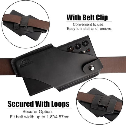 Topstache Leather Belt Phone Pouch for Galaxy S25/S24 Ultra & Plus - Belt Clip & Loop Cell Phone Holster for iPhone 17/16 Pro Max & Plus - Magnetic Closure Leather Case Holder, L,Black