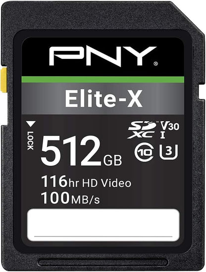 PNY 512GB Elite-X Class 10 U3 V30 SDXC Flash Memory Card - 100MB/s, Class 10, U3, V30, 4K UHD, Full HD, UHS-I, Full Size SD (Pack of 1)