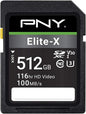 PNY 512GB Elite-X Class 10 U3 V30 SDXC Flash Memory Card - 100MB/s, Class 10, U3, V30, 4K UHD, Full HD, UHS-I, Full Size SD (Pack of 1)