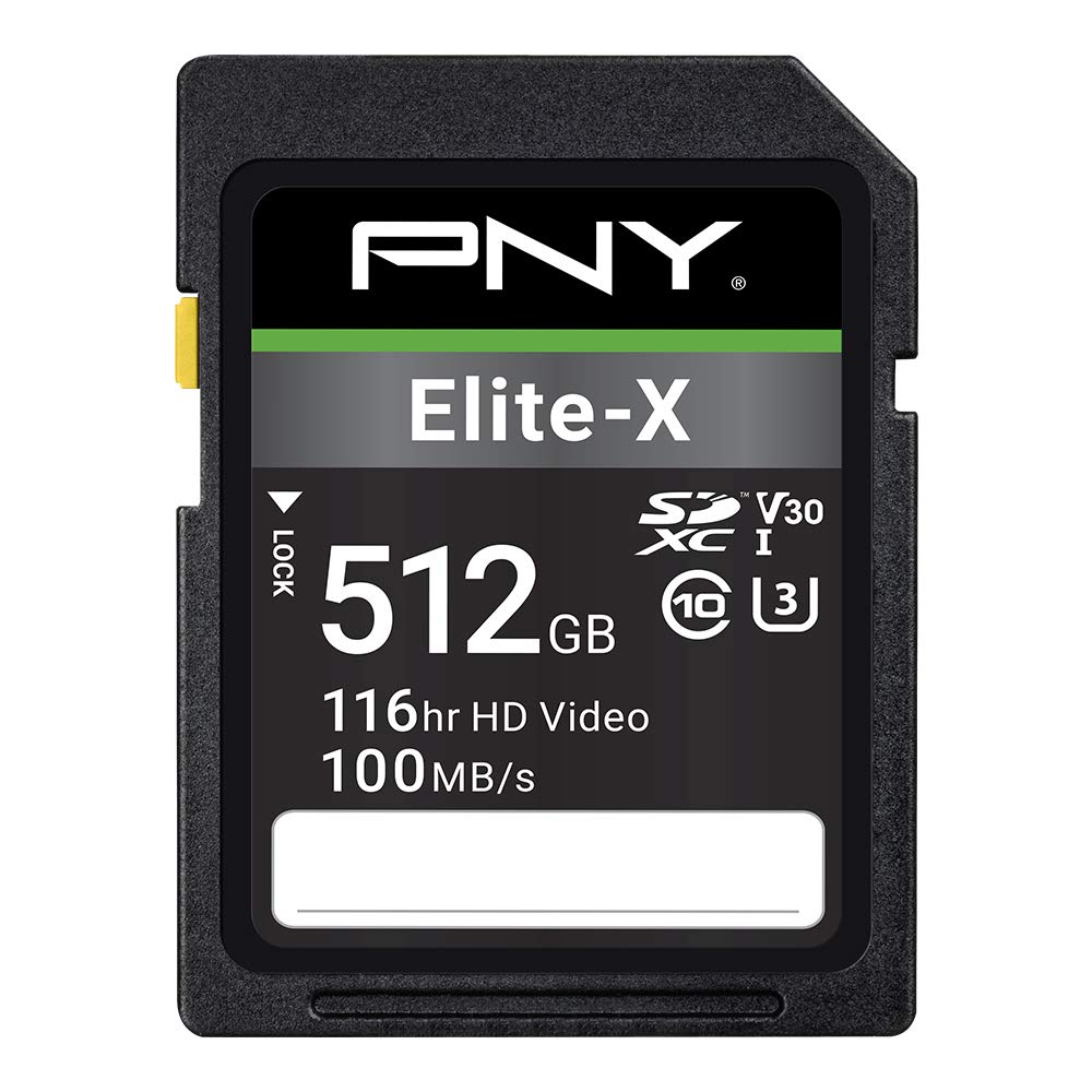 PNY 512GB Elite-X Class 10 U3 V30 SDXC Flash Memory Card - 100MB/s, Class 10, U3, V30, 4K UHD, Full HD, UHS-I, Full Size SD (Pack of 1)