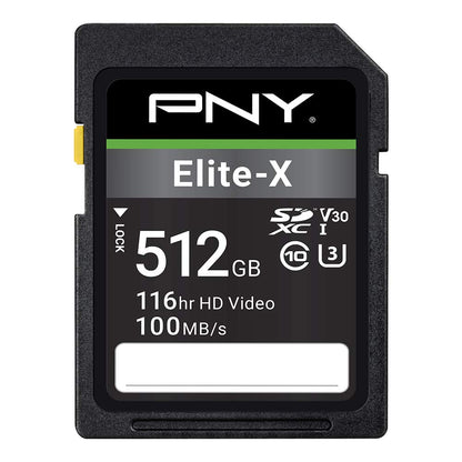 PNY 512GB Elite-X Class 10 U3 V30 SDXC Flash Memory Card - 100MB/s, Class 10, U3, V30, 4K UHD, Full HD, UHS-I, Full Size SD (Pack of 1)