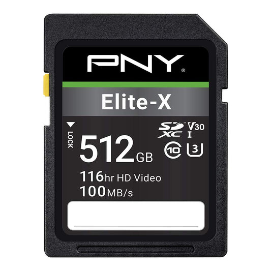 PNY 512GB Elite-X Class 10 U3 V30 SDXC Flash Memory Card - 100MB/s, Class 10, U3, V30, 4K UHD, Full HD, UHS-I, Full Size SD (Pack of 1)