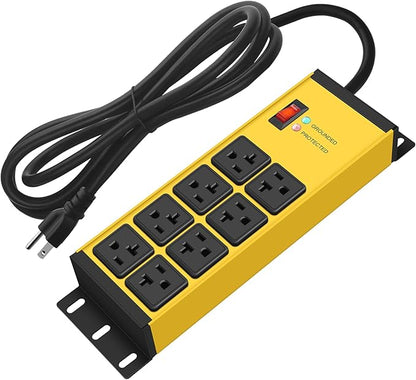 CCCEI Yellow Heavy Duty Power Strip Surge Protector 20 AMP, 8 Outlets 12 Gauge Industrial Shop Garage Metal Multiple Outlets, 25 FT Extension Cord 5-15P Adapter High Amp 6-20R T-Slot 20a for Appliance