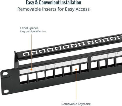 Tecmojo 24-Port Blank Keystone Patch Panel, 1U 19" Rackmount Housing with Cable Management Support Bar, Black