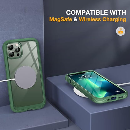 Miracase Glass Case for iPhone 13 Pro Max 6.7 inch, Upgrade Full-Body Clear Phone Bumper Case Cover with Built-in 9H Tempered Glass Screen Protector, Acacia Green