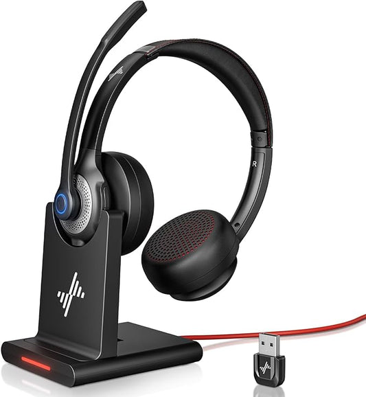 Wireless Headset with AI Noise Cancelling Microphone Bluetooth Headset - Bluetooth V5.2 Headphones with USB Dongle, Charging Base & Mic Mute for Computer/Laptop/PC/iPhone/Android/Cell Phones