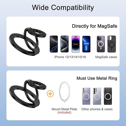 3-Fold Magnetic Phone Ring Holder, Double-Sided MagSafe Phone Grip & Stand, 360° Rotatable Kickstand for iPhone 16/15 Pro Max,14/13/12 Series,for Magnetic Car Mount, with Metal Ring for All Phones