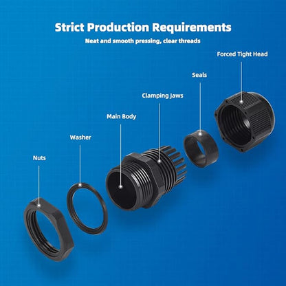 Cable Gland 20 Pack Plastic Waterproof Adjustable Connector 3-7mm PG7 Strain Relief Cord Connectors Joints Nylon with Gaskets