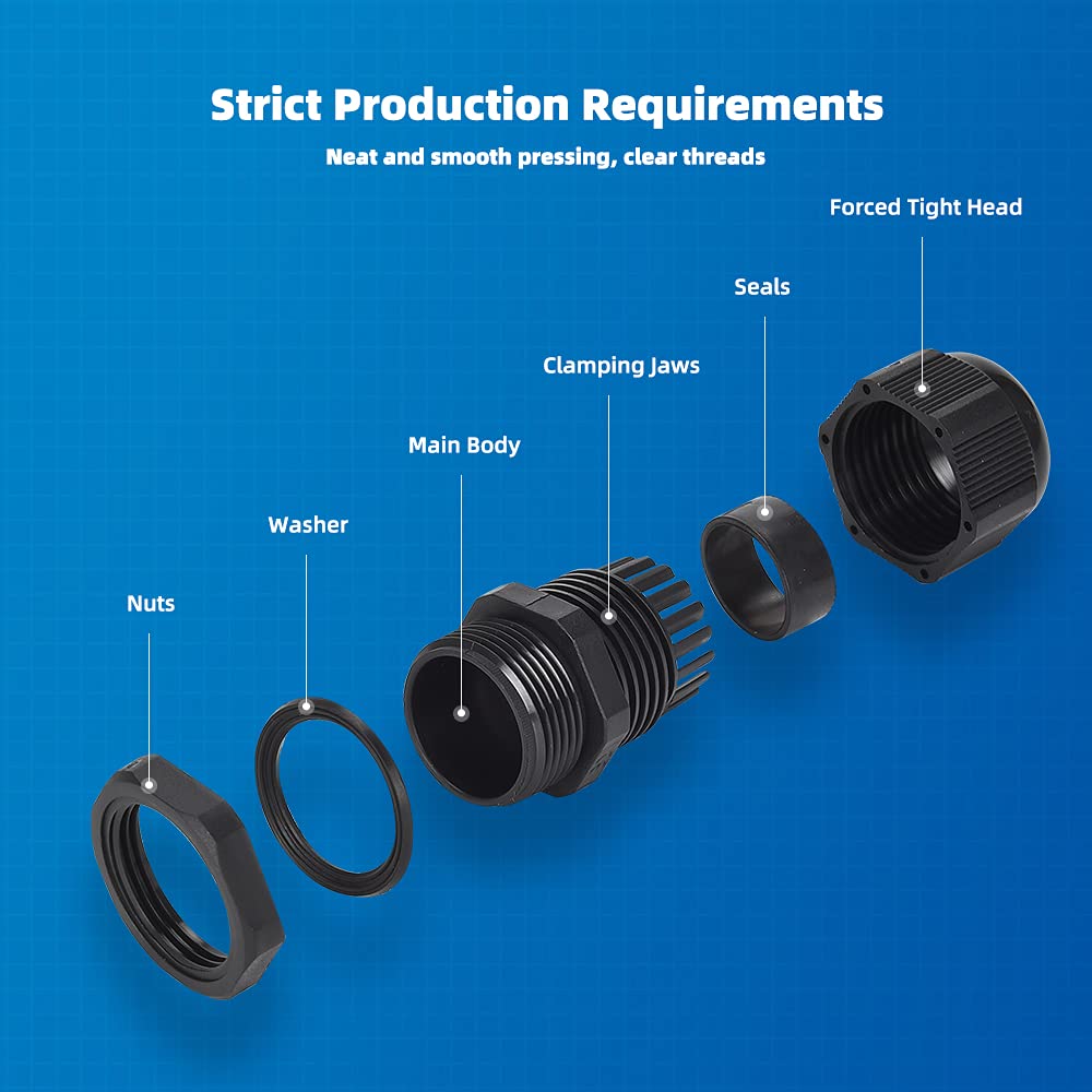 CGELE Cable Gland 20 Pack Plastic Waterproof Adjustable Connector 3-7mm PG7 Strain Relief Cord Connectors Joints Nylon with Gaskets