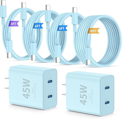 Super Fast Samsung Charger Type C,45W Dual Port USB C Fast Charger Block [2-Pack] & Extra Long 60W 3/6/6/10FT USB C Cable - PD Quick Charging 3.0 for Samsung Galaxy S25 Ultra/S24+/S23 iPhone 16
