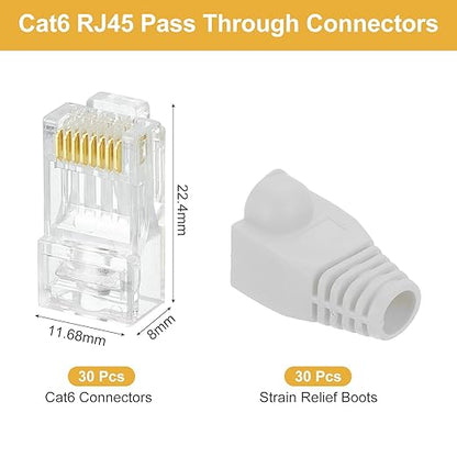 MECCANIXITY 30pcs Cat6 RJ45 Pass Through Connectors, RJ45 Connector 8P8C Gold Plated Plugs with 30pcs Light Grey Strain Relief Boots for Solid or Stranded UTP Ethernet Cable, 1.1mm