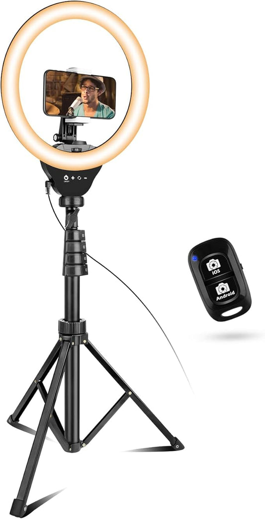 10" Selfie Ring Light with 50" Extendable Tripod Stand & Flexible Phone Holder for Live Stream/Makeup, UBeesize Mini Desktop Led Camera Ringlight for YouTube Video, Compatible with iPhone/Android