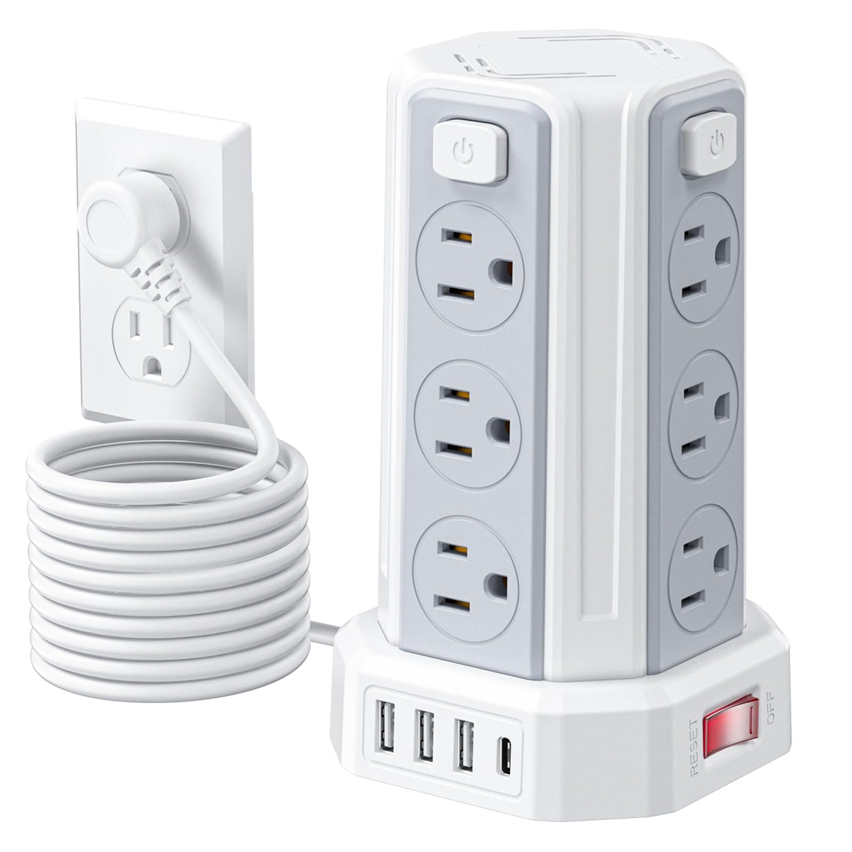 Power Strip 10 Ft Extension Cord with 12 AC Multiple Outlets 4 USB (1 USB C), SMALLRT Power Strip Tower Desktop Charging Station for Home Office College Dorm Essentials