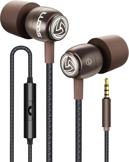 LUDOS Clamor Wired Earbuds in-Ear Headphones, 5 Years Warranty, Earphones with Microphone, Noise Isolating Ear Buds, Memory Foam for iPhone, Samsung, School Students, Kids, Women, Small Ears - Brown
