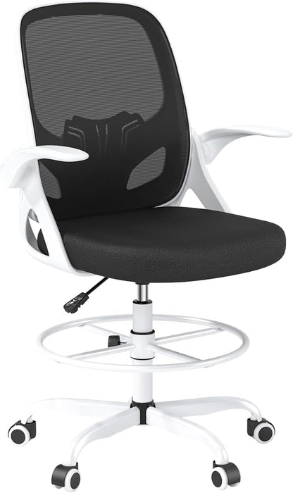 Tall Drafting Chair with Footrest Ring for Home and Work, Ergonomic Home Desk Office Chair with Flip up Arms and Lumbar Support, Extended Height Executive Desk Office Chair(White)