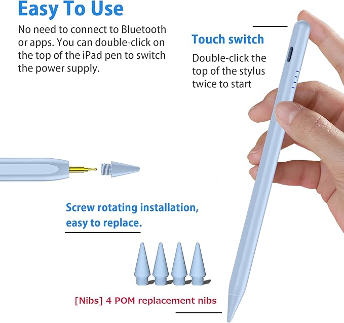 Stylus Pen for iPad 9th&10th - Fast Charge for iPad Pencil Palm Rejection Active Pen Compatible with (2018-2025) Apple iPad 6/7/8/9/10/11(A16), iPad Pro 11"/12.9"/M4, Mini 5/6, Air 3/4/5/M2/M3 (Blue)
