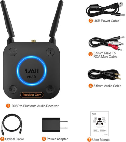 [Upgraded] 1Mii B06Pro Long Range Bluetooth Receiver, HiFi Wireless Audio Adapter, Bluetooth 5.1 Receiver with 3D Surround aptX HD Low Latency Optical RCA AUX 3.5mm Coaxial for Home Stereo System