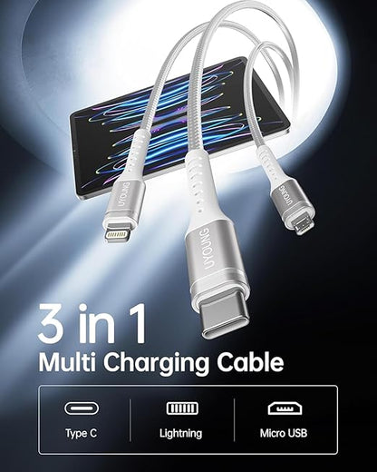 Short Multi Charging Cable 1FT 2Pack 3 in 1 Charger Cord Braided Universal Phone Cords with Lightning/Type C/Micro USB Connectors, Multiple USB Cable for iPhone/Samsung/Google Phones and More