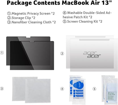 acer [2 Pack] Laptop Privacy Screen for MacBook Air 13 Inch (2022-2025 M1,M2,M3,M4), Eye Protection Anti Spy/Glare Blue Light Computer Monitor Privacy Filter, Dual-Sided Magnetic & Removable