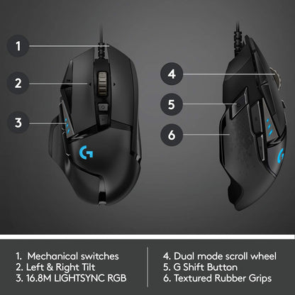 Logitech G502 Hero High Performance Wired Gaming Mouse, Hero 25K Sensor, 25,600 DPI, RGB, Adjustable Weights, 11 Programmable Buttons, On-Board Memory, PC/Mac - Black