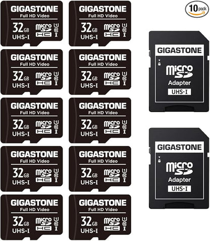 GIGASTONE 32GB 10-Pack Micro SD Card, Full HD Video, Surveillance Security Cam Action Camera Drone, 90MB/s Micro SDHC UHS-I U1 C10 Class 10